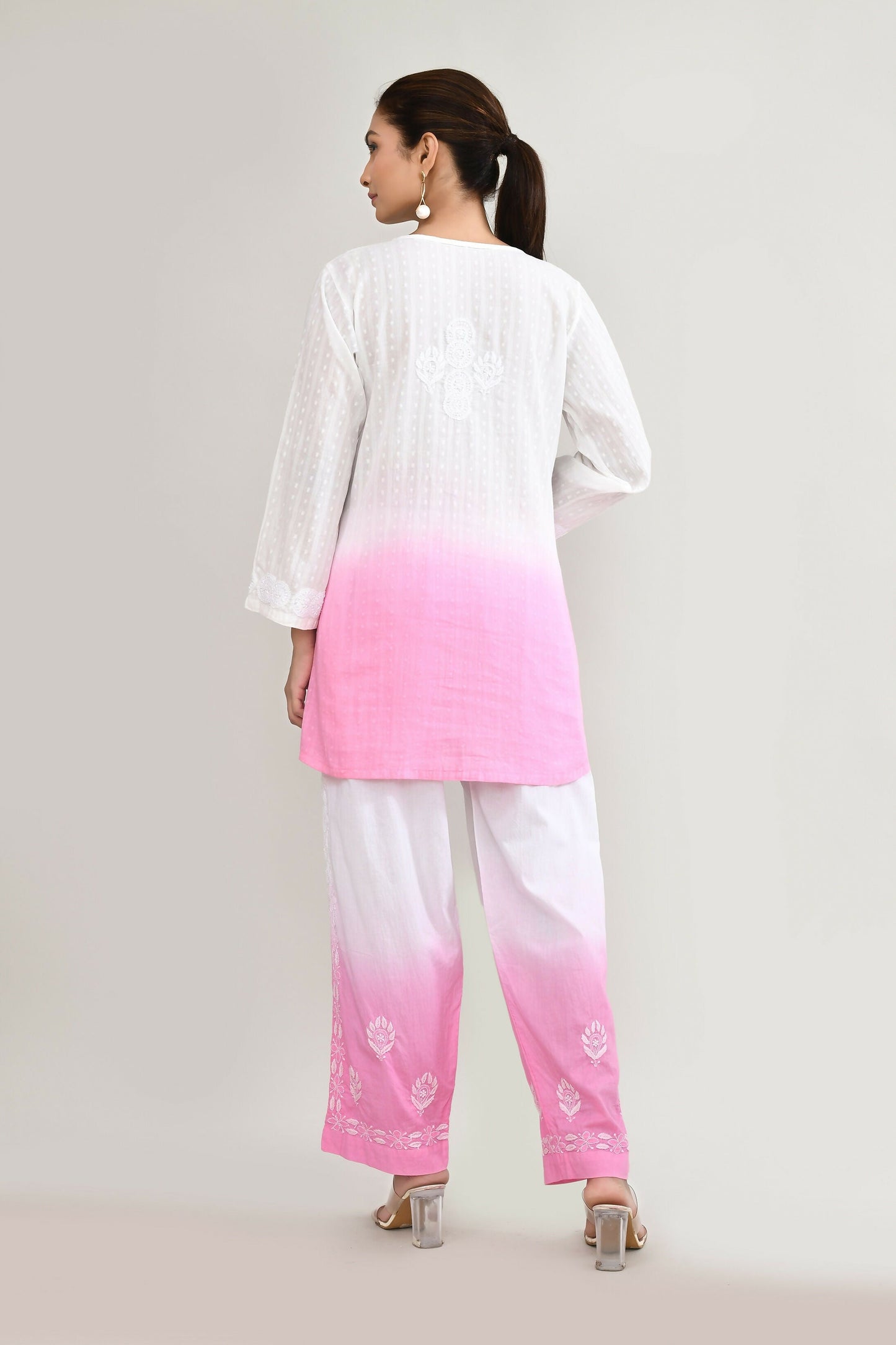 Joban Fashion Womens Cotton ChikanKari Pink & White Cord set - Swadesiicart
