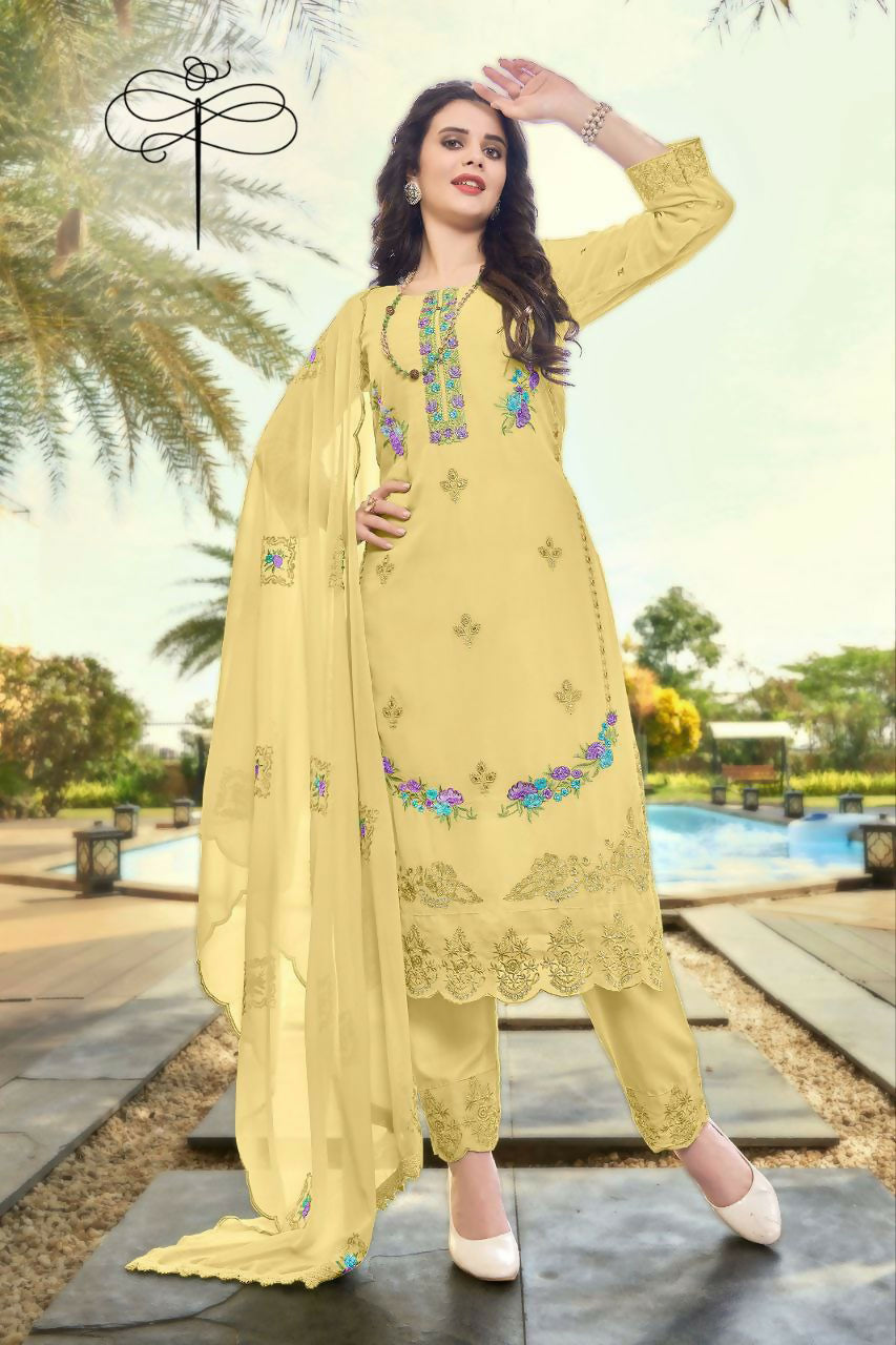 Jyoti Fashion Women's Light Yellow Faux Georgette Heavy Embroidery and Moti Work Kurta Set | Swadesiicart