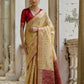 Vishnu Weaves Women's Cream Raw Silk Thread Ikkat Woven Saree with Blouse - Swadesiicart