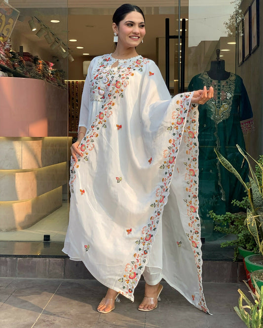 The52 White Women's Gorgeous Embroidered Viscose Chiffon Fabric Pleated Kurta Pant with Dupatta Set - Swadesiicart