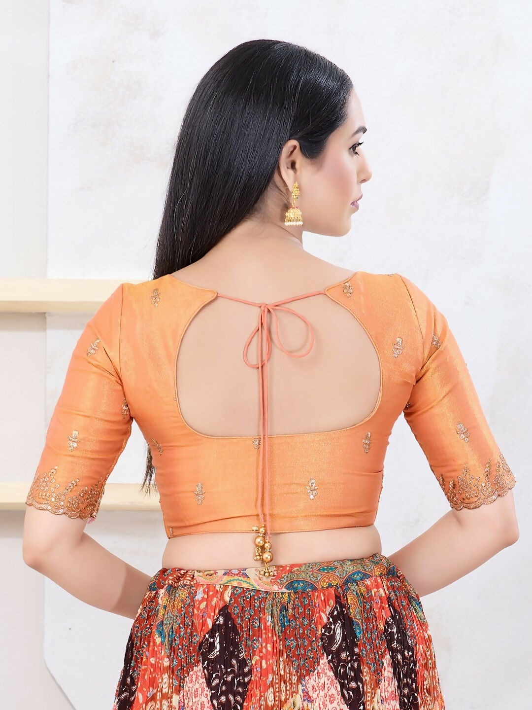Joban Fashion Rust-Gold Shimmer Elbow Sleeveless Front Open Blouse - Swadesiicart