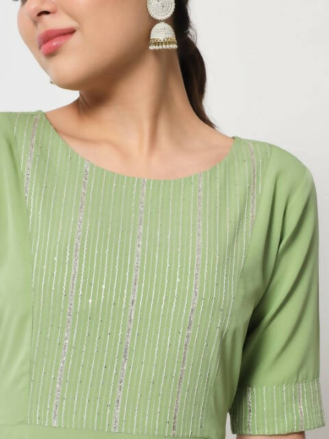 FIORRA Women's Pista Green Poly Crepe Flared Kurta With Dupatta - Swadesiicart