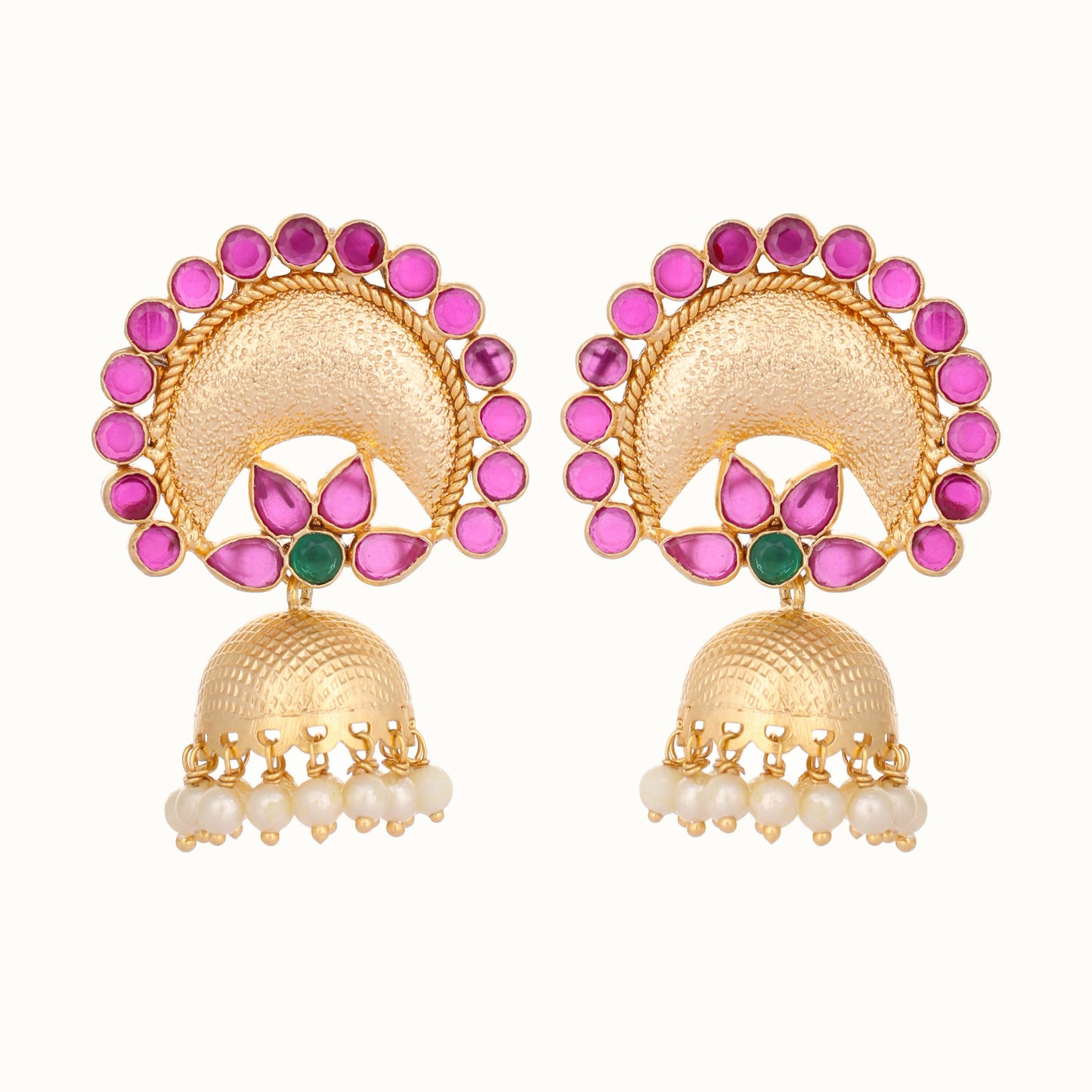 Nuyug 22K Gold Plated Ruby & Pearl Studded Dome Shaped Jhumkas | Swadesiicart