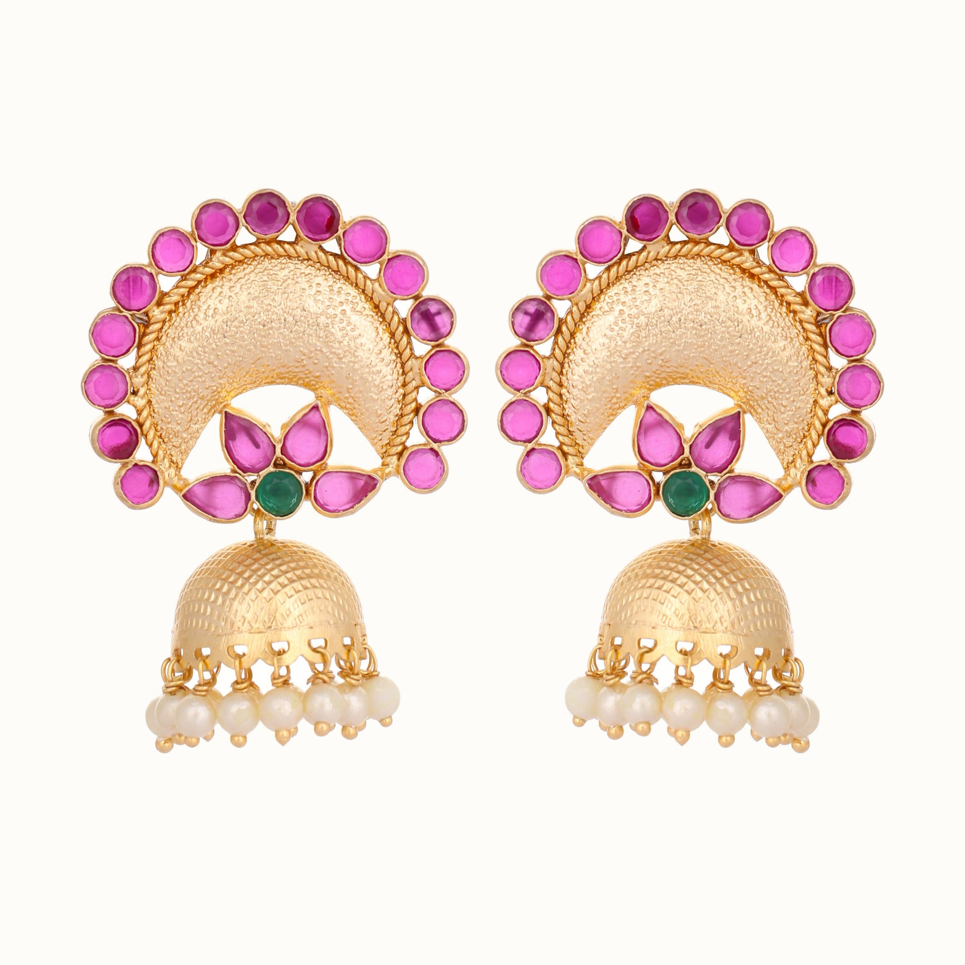 Nuyug 22K Gold Plated Ruby & Pearl Studded Dome Shaped Jhumkas | Swadesiicart