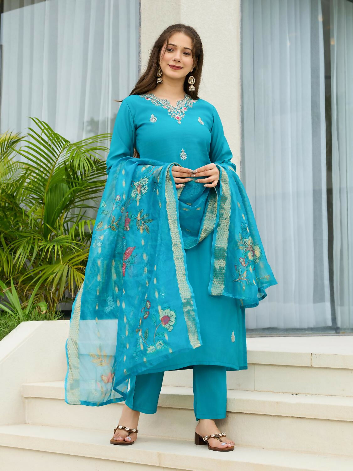 The52 Blue Women's Gorgeous Viscose Fabric Embroidered Work Straight Kurta, Pant and Dupatta Set - Swadesiicart