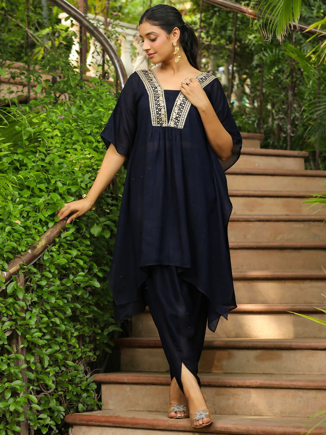 Janasya Navy Blue Silk Blend Yoke Embroidery Co-Ords - Swadesiicart