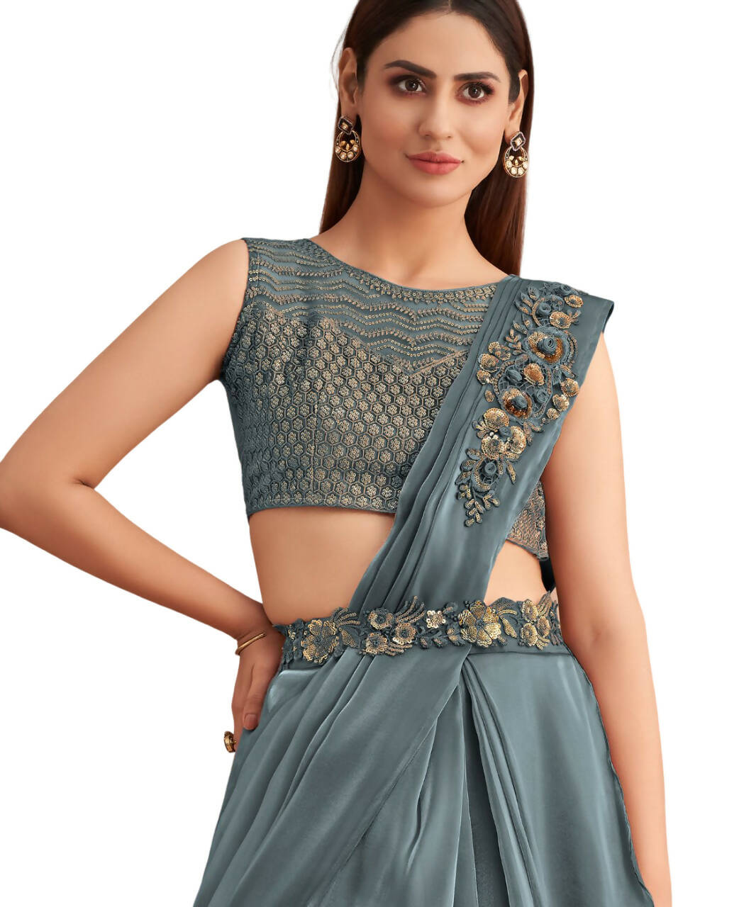 Blue Satin Embroidered Ready To Wear Saree With Unstitched Blouse Piece - Nandika | Swadesiicart