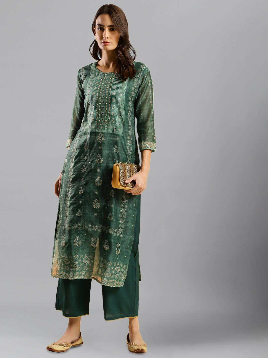 Sea Green Chinon Digital Printed With Hand Work Kurta - Himanshi - Swadesiicart