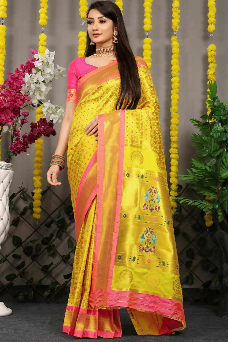 Jyoti Fashion Women's Yellow Banarasi Silk Zari Woven Saree with Blouse | Swadesiicart