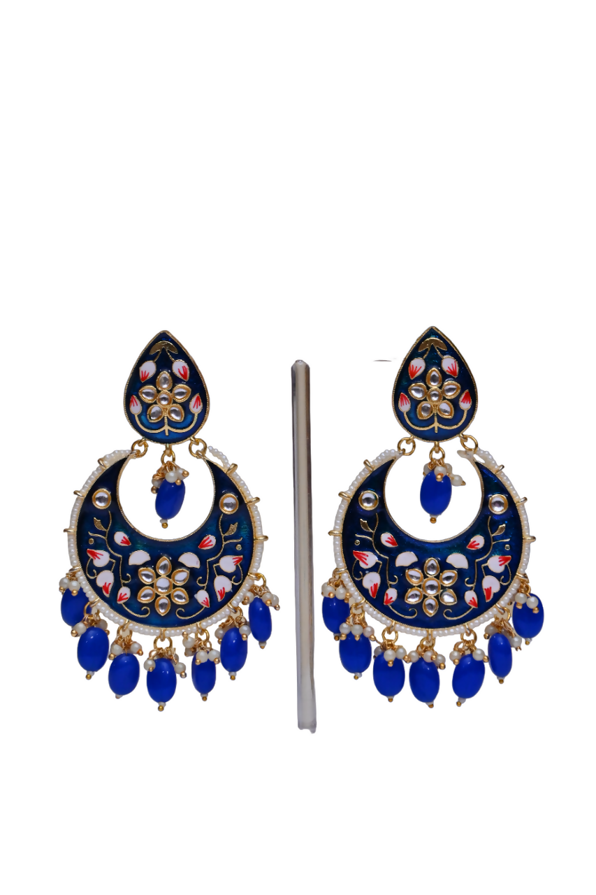 Gold-Polished Brass & Pearl Dangle Women Royal Blue Hand Painted Meenakari Chandbali Earrings By House of Ree | Swadesiicart