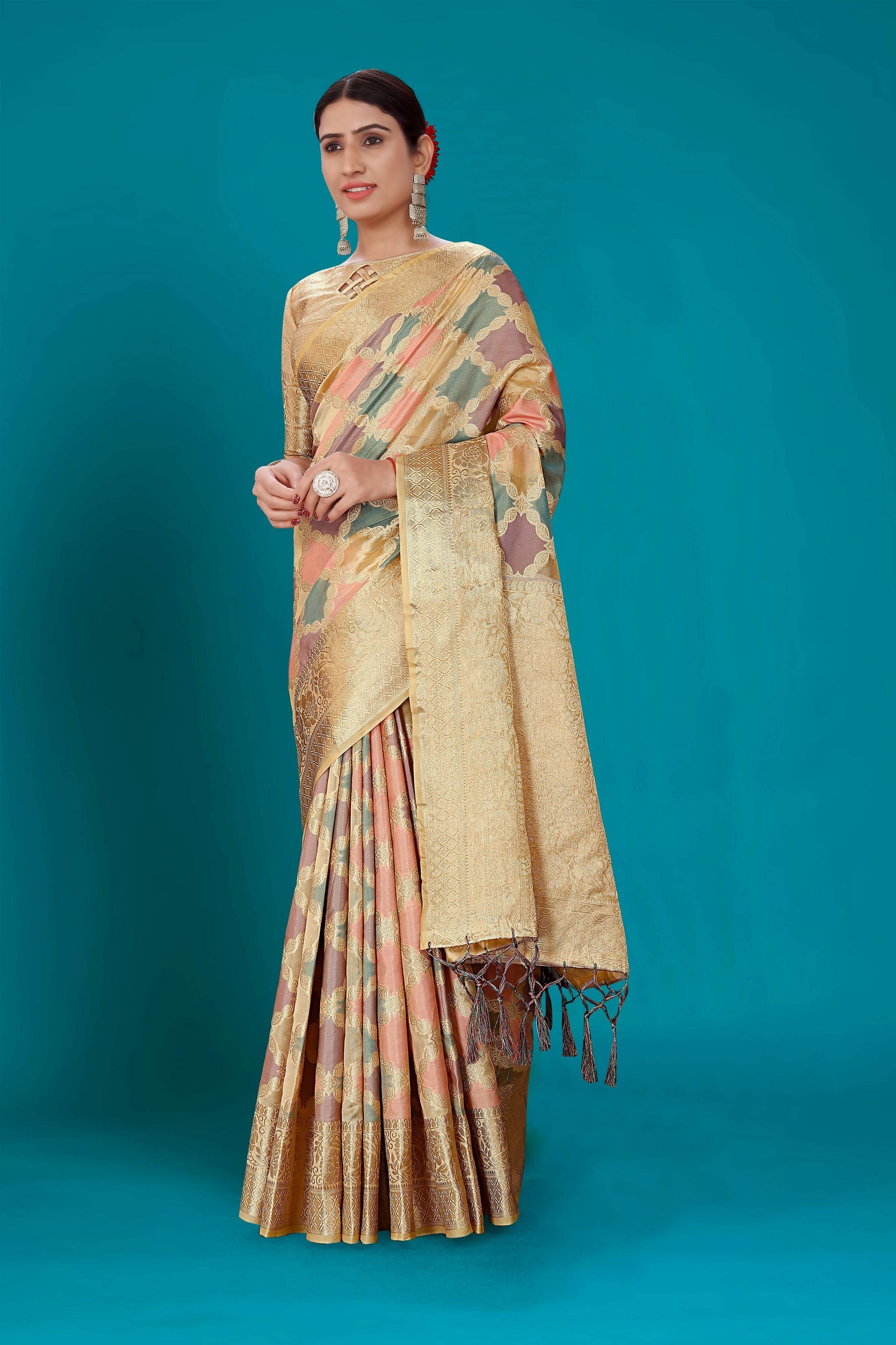 Beige Soft Organza Woven Design Saree with Unstitched Blouse Piece - Zaara