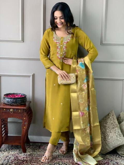 The52 Mustard Gorgeous Embroidered Viscose Chanderi Fabric Straight Kurta Pant with Dupatta Set - Swadesiicart