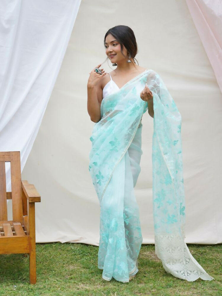 Vamsee Ishaq Sky Organza Saree - Swadesiicart
