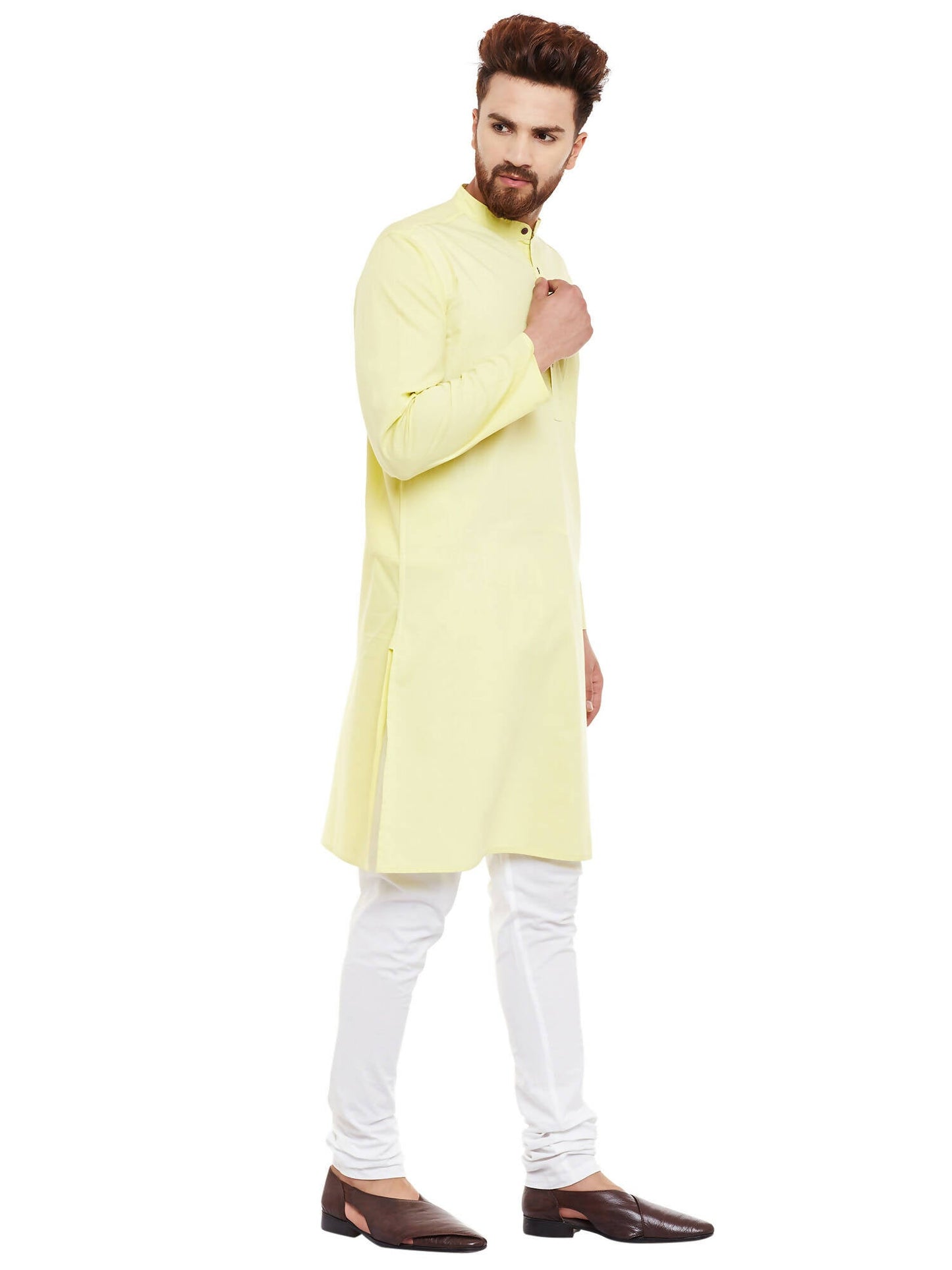 Even Apparels Yellow Pure Cotton Men's Kurta With Band Collar | Swadesiicart