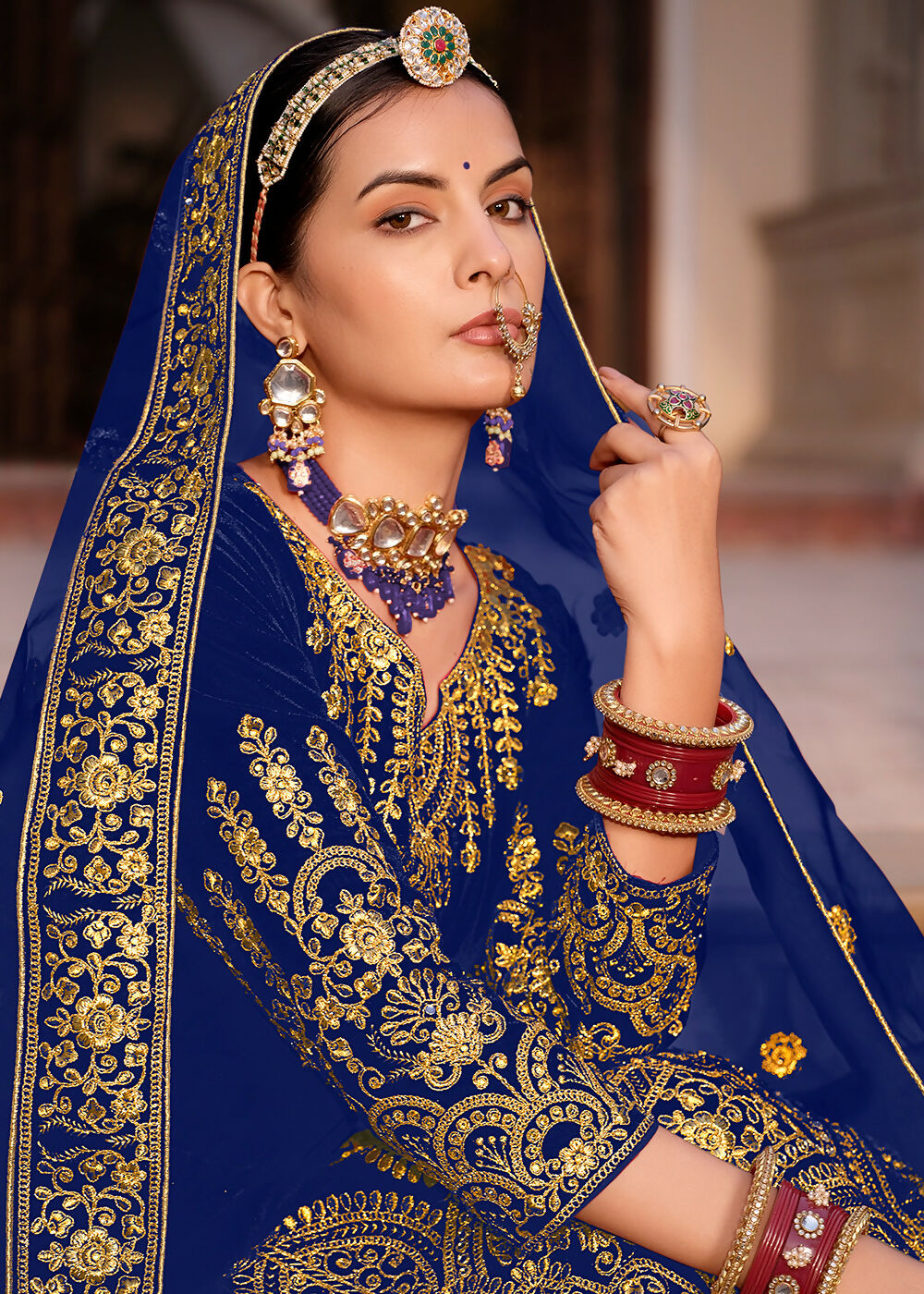 Blue Velvet Front & Back Embroidery Wedding Anarkali Suit - Emponline | Swadesiicart
