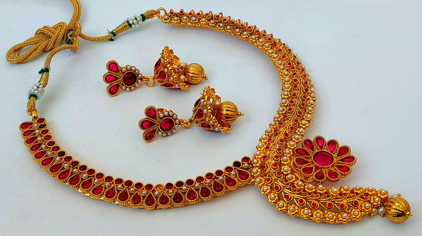 Pink Kemp Necklace With Jhumkas - Swadesiicart