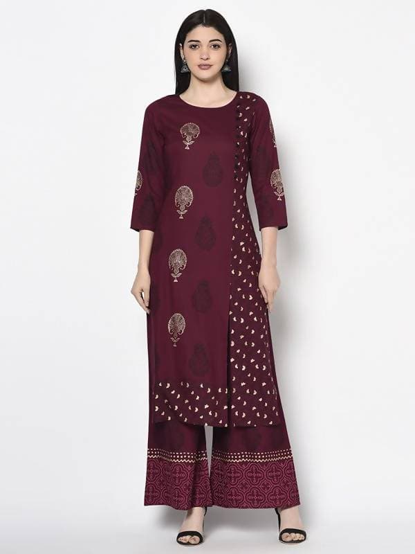 Aniyah Rayon Wine Color Block Print Straight Kurta (AN-175K) - Swadesiicart