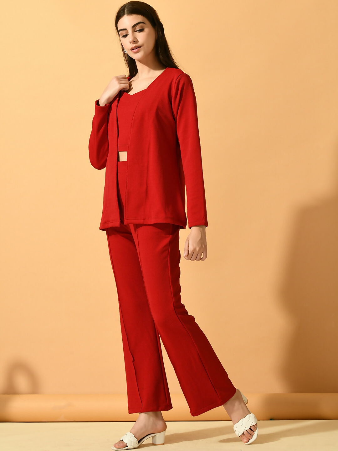 Myshka Women's Red Solid Coat With Trousers - Swadesiicart