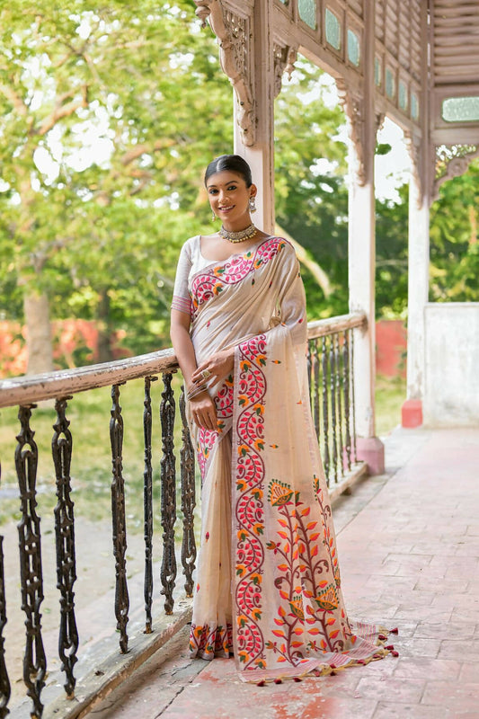 Vishnu Weaves Women's Maroon Muga Cotton Woven Saree with Blouse - Swadesiicart