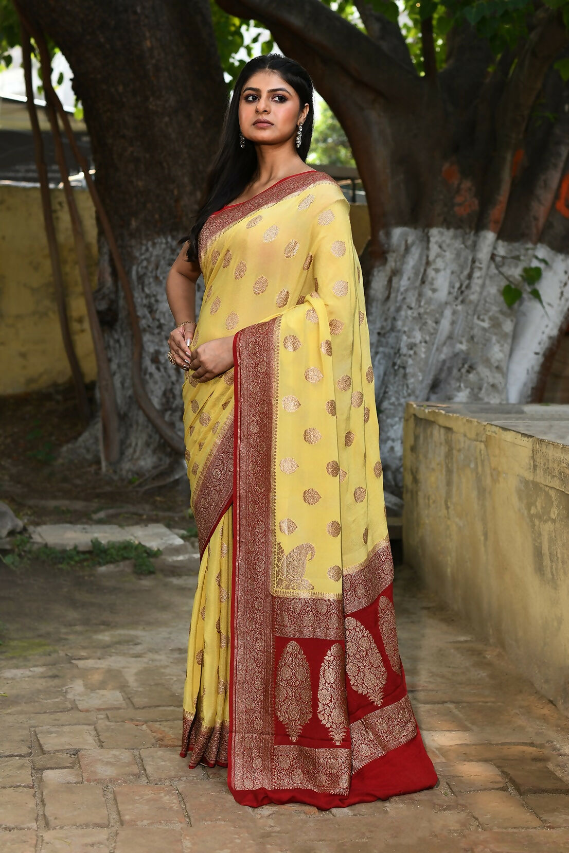 Joban Fashion Pale Yellow Crepe Chiffon Pure Handloom Banarasi Silk Saree | Swadesiicart