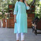Juniper Women's Seagreen Cotton Slub Embroidered Straight Kurta | Swadesiicart