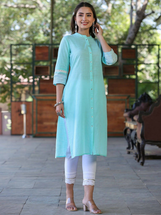 Juniper Women's Seagreen Cotton Slub Embroidered Straight Kurta | Swadesiicart