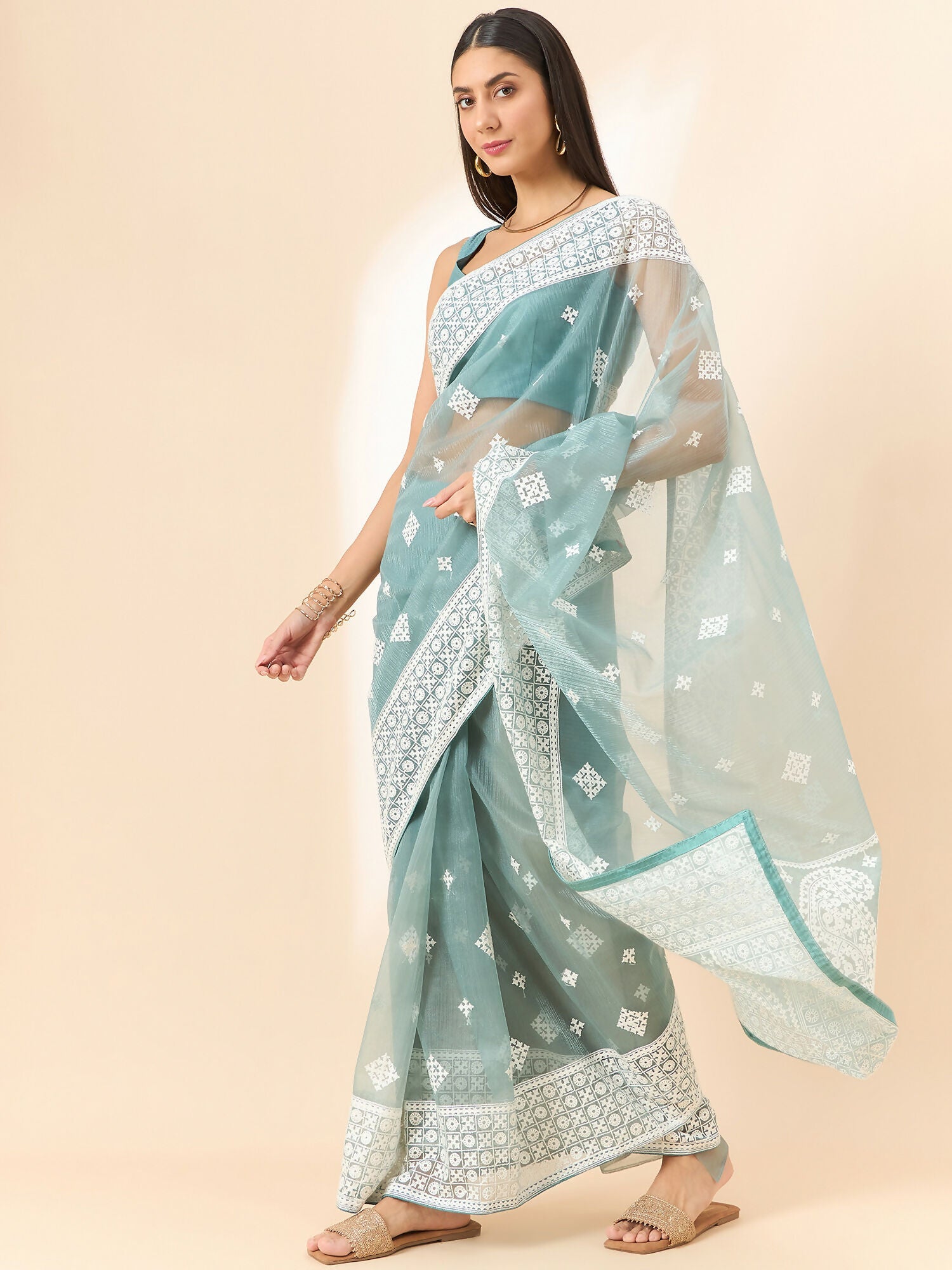 Blue Organza Geometric Embroidered Saree with Unstitched Blouse Piece - Roozal