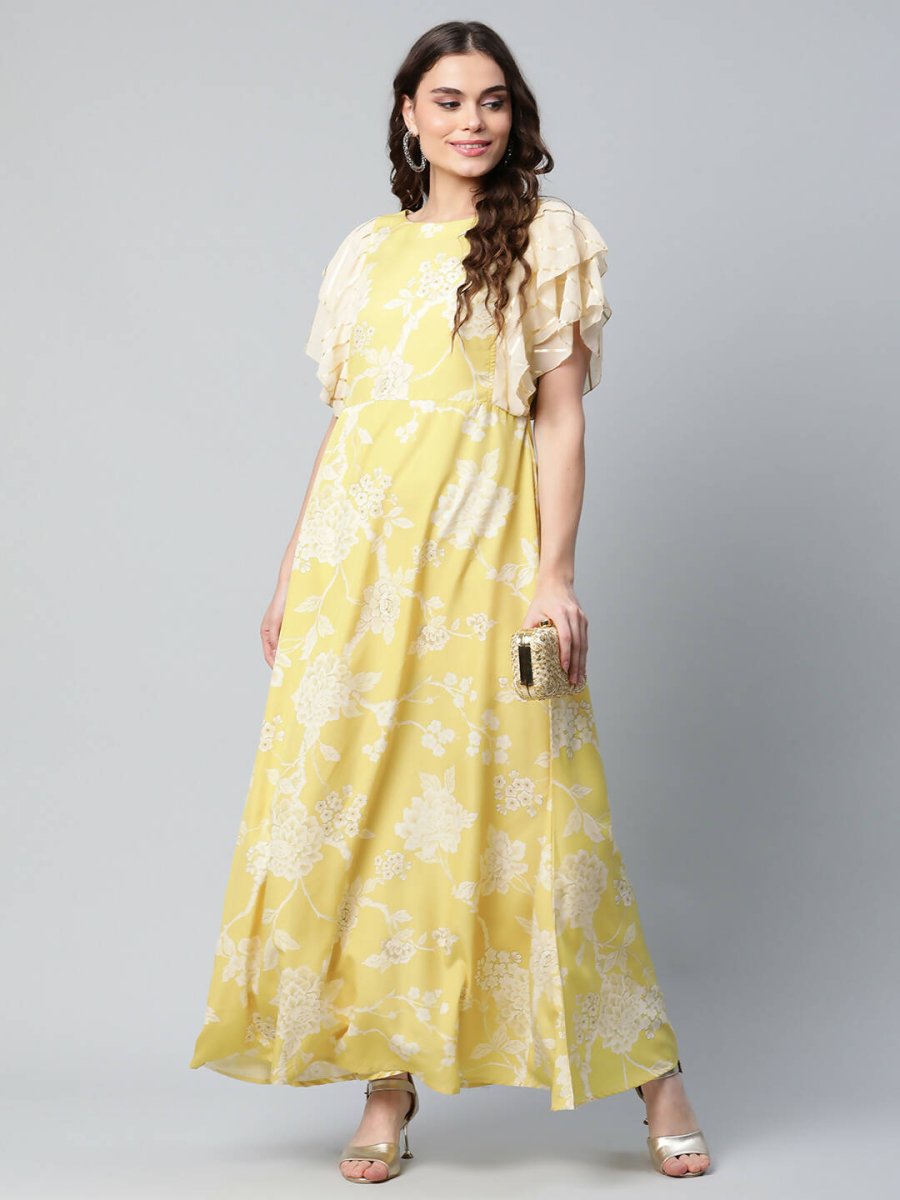 Ahalyaa Womens Lemon Yellow Crepe Floral Dress | Swadesiicart