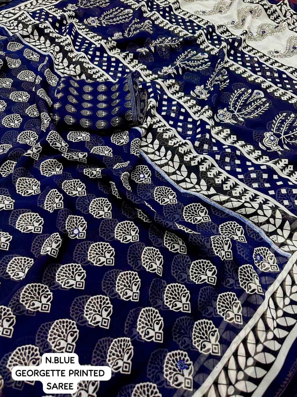 Navy Blue Poly Georgette Ajrak Saree with Unstitched Blouse - Hiral Fashion | Swadesiicart