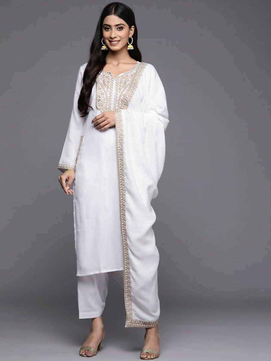 Ahalyaa Women White Ethnic Motifs Embroidered Aari Work Pashmina Kurta with Salwar & With Dupatta | Swadesiicart