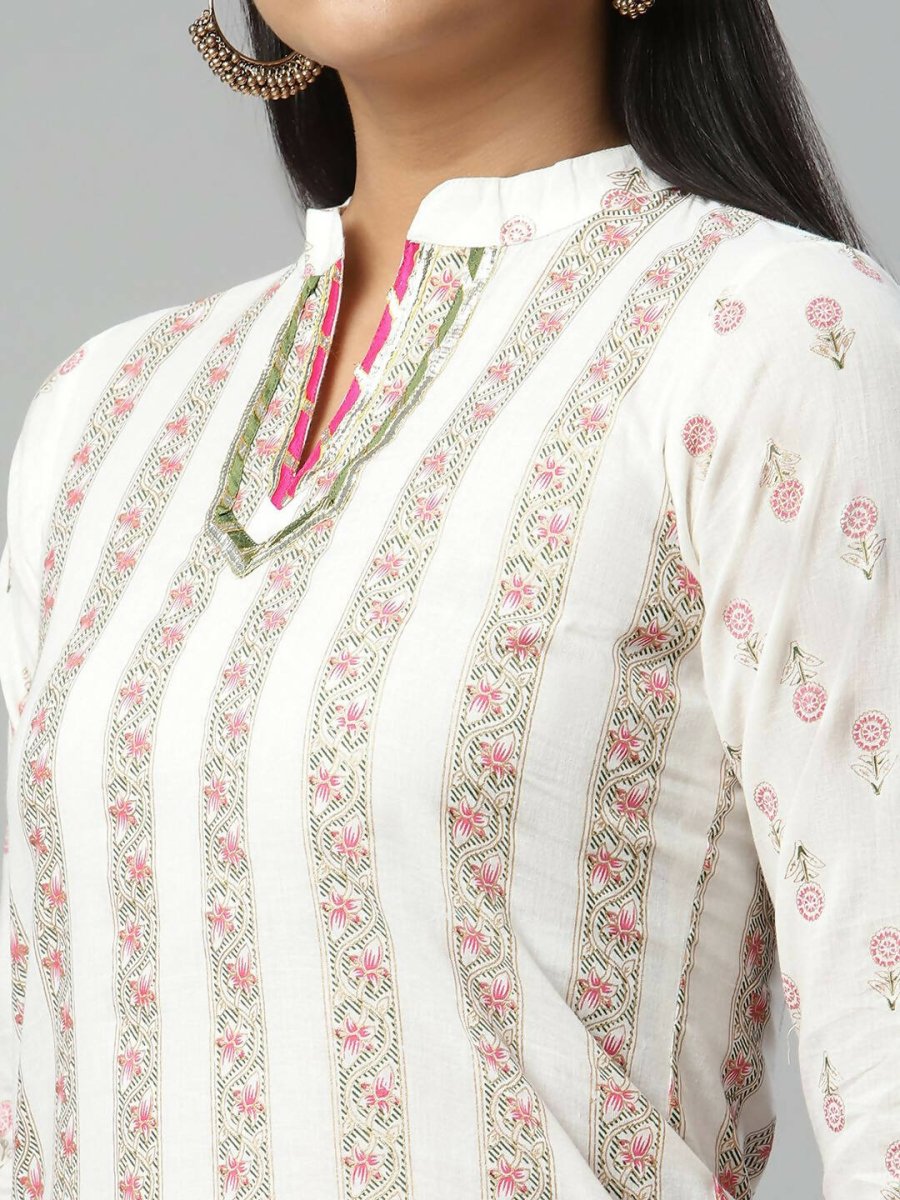 Ahalyaa Womens Off White Color Pure Cotton Printed Kurtas | Swadesiicart