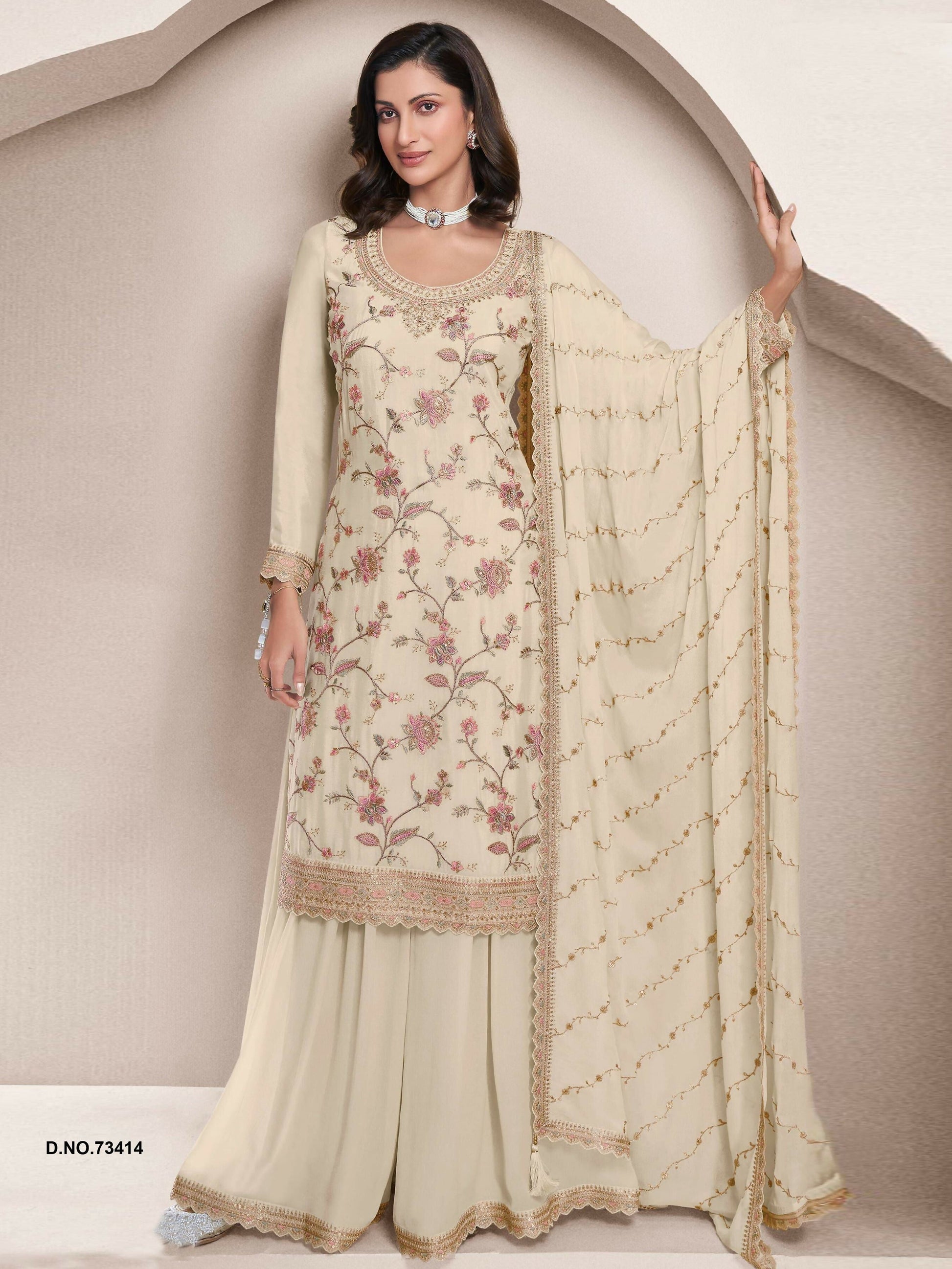 Anaita Off White Heavy Chinon With Embroidery Sharara Suit (bottom Stitched)
