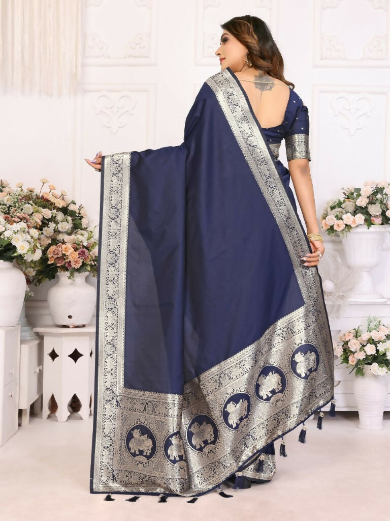 Anaita Navy Blue Banarasi Silk With Beautiful Gala Weaving Saree With Blouse | Swadesiicart