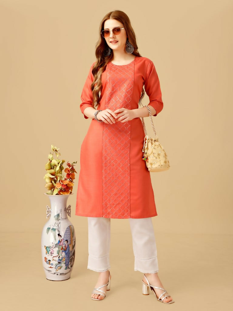 Jyoti Fashion Women's Coral Cotton Blend Embroidered Kurta Pant Set | Swadesiicart