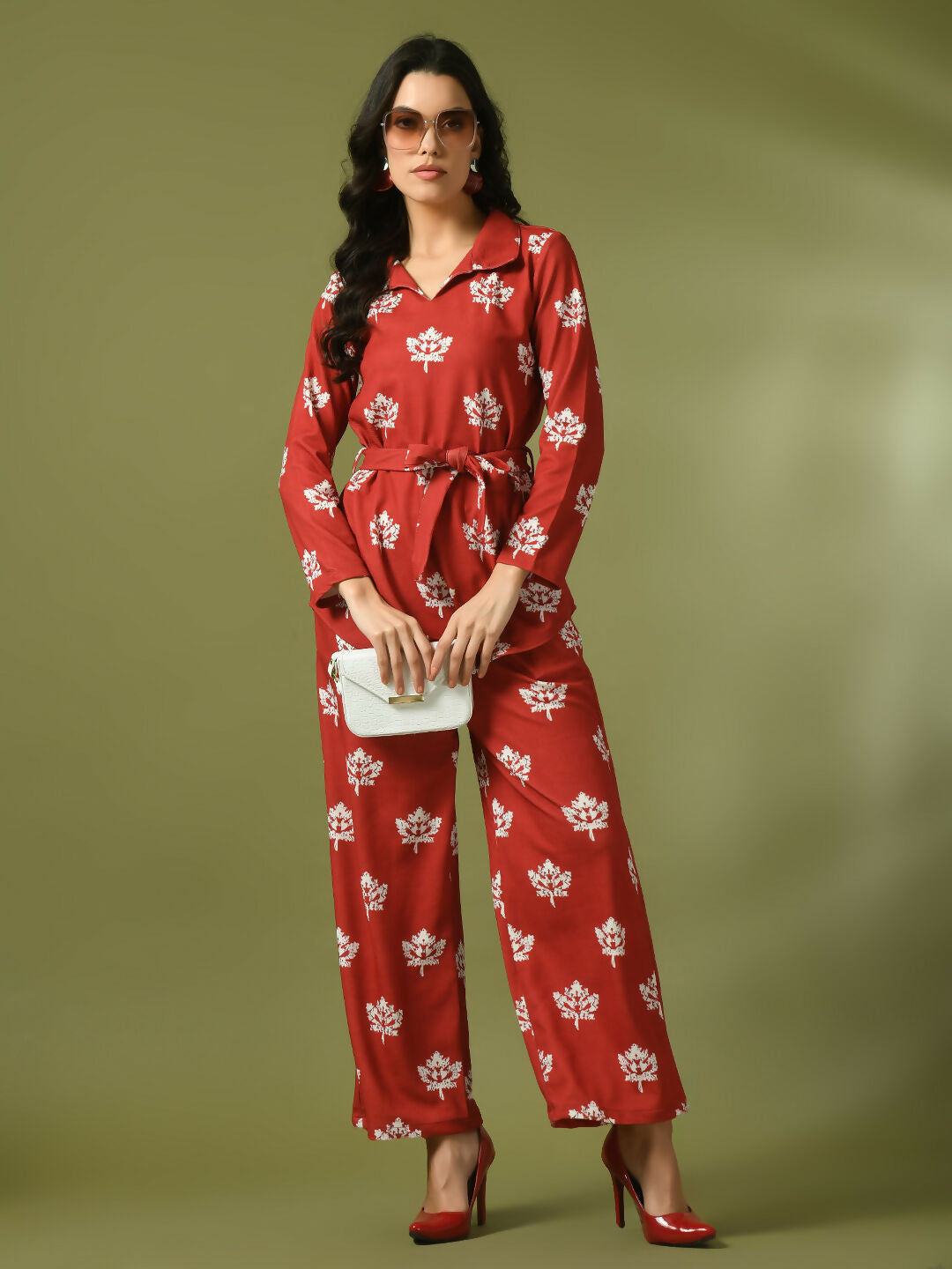 Myshka Women's Rust Printed Polo Collar Party Top With Trousers Co-ord set - Swadesiicart