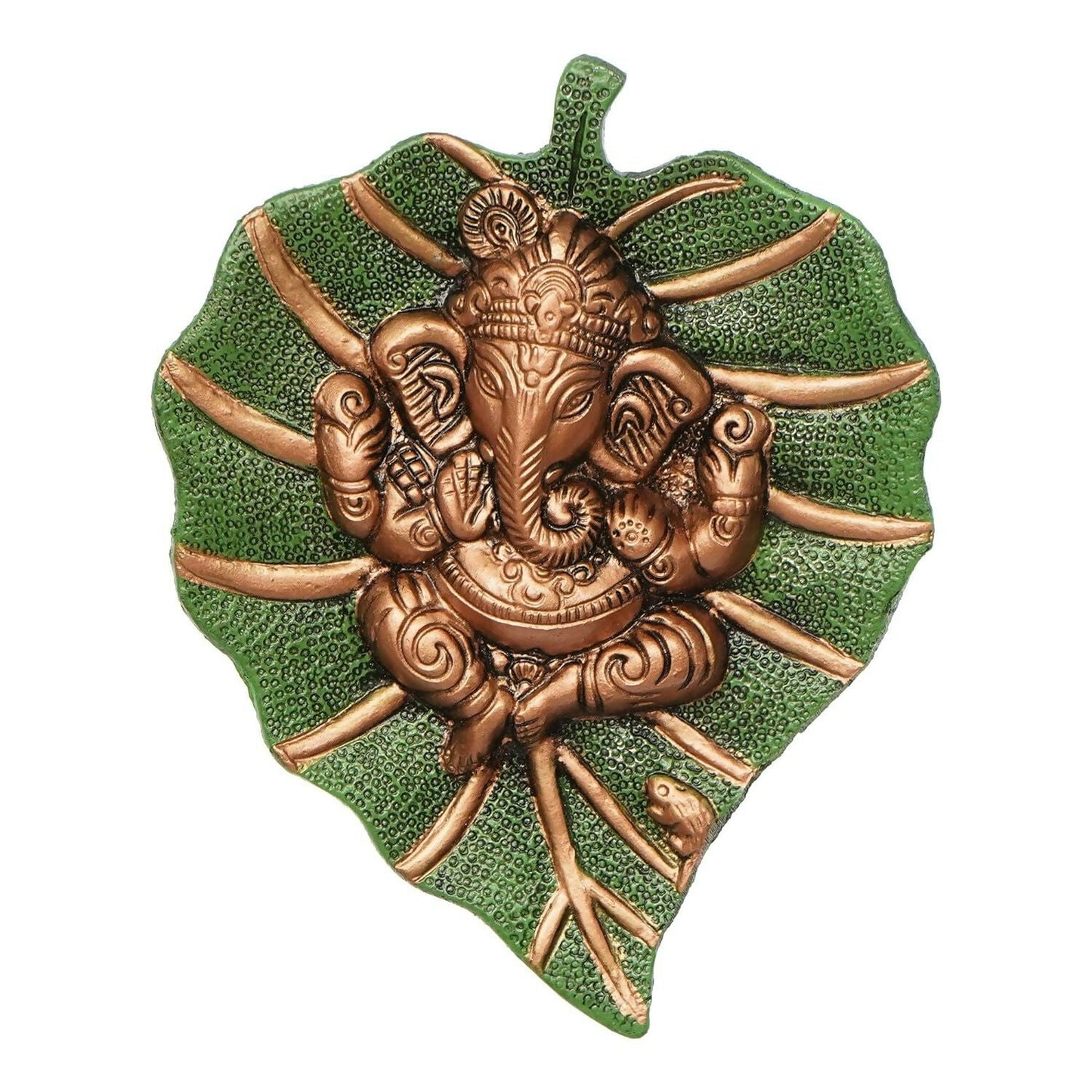eCraftIndia Metal Golden Lord Ganesha On Green Leaf Wall Hanging Sculpture - Swadesiicart