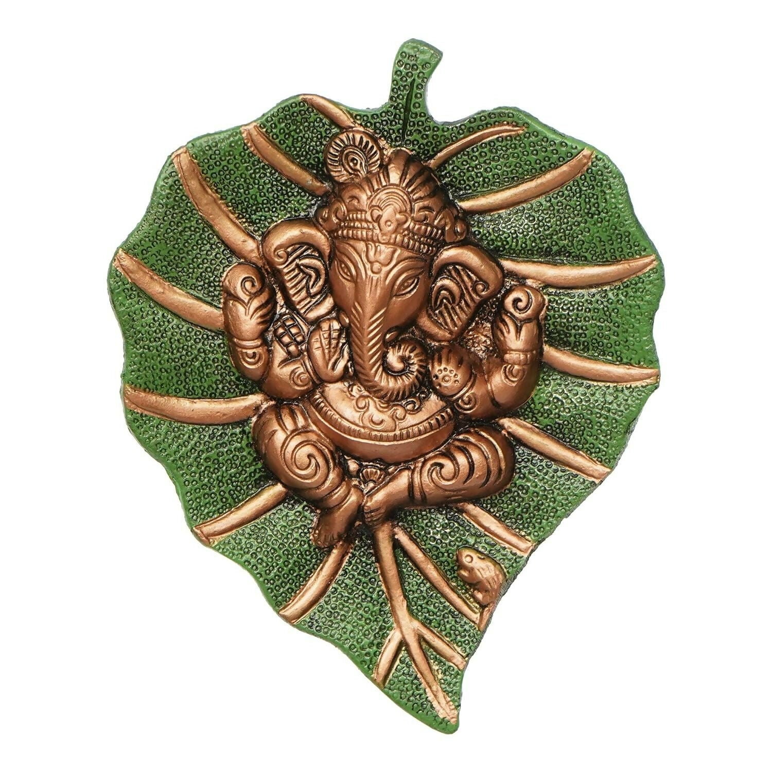eCraftIndia Metal Golden Lord Ganesha On Green Leaf Wall Hanging Sculpture - Swadesiicart