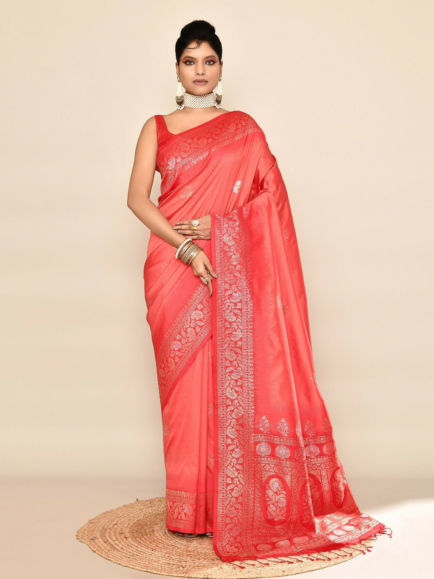 Joban Fashion Peach & Red Plain With Weaving Border Banarasi Silk Sarees | Swadesiicart