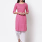 Myshka Women's Pink Cotton 3/4 Sleeve Round Neck Printed Casual Kurta