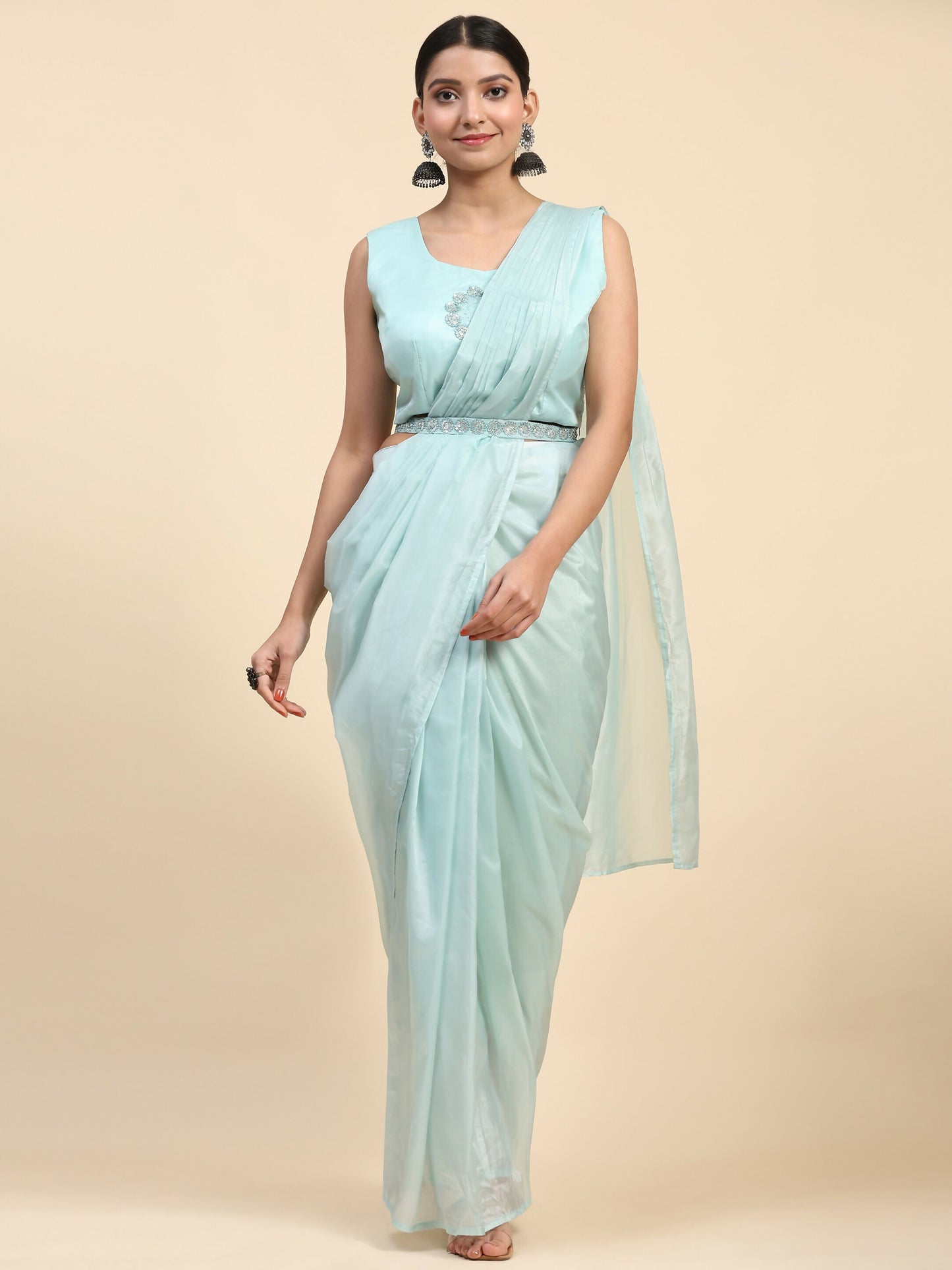 Blue Satin Solid Ready to wear Saree with stitched Blouse - Vanita | Swadesiicart