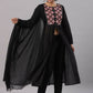 Juniper Women's Black Cotton Dobby Solid With Embroidery Flared Kurta Sets | Swadesiicart