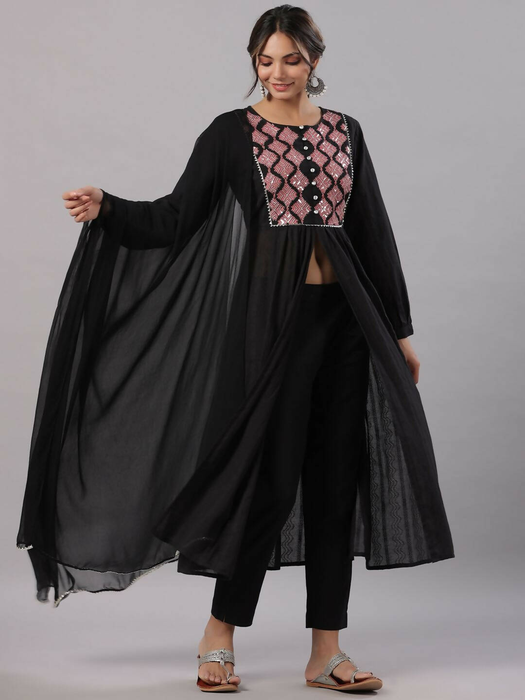 Juniper Women's Black Cotton Dobby Solid With Embroidery Flared Kurta Sets | Swadesiicart