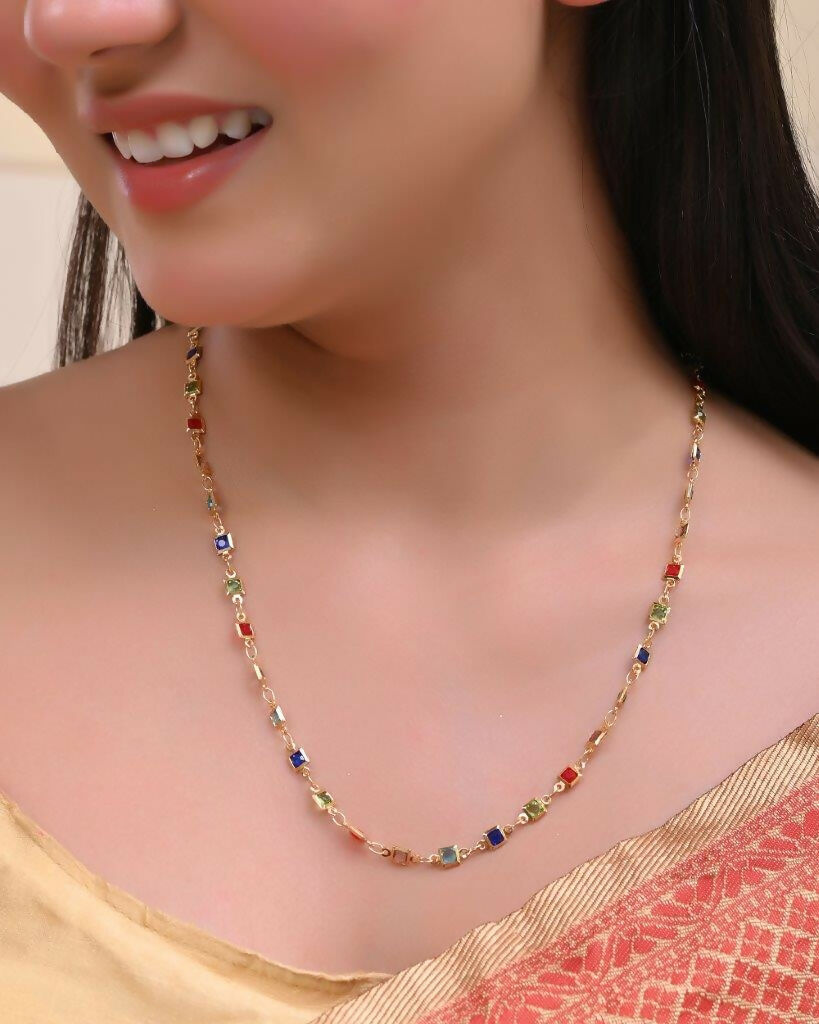 VOJ Women Gold-Polished Square Shaped Multi Color Chain | Swadesiicart