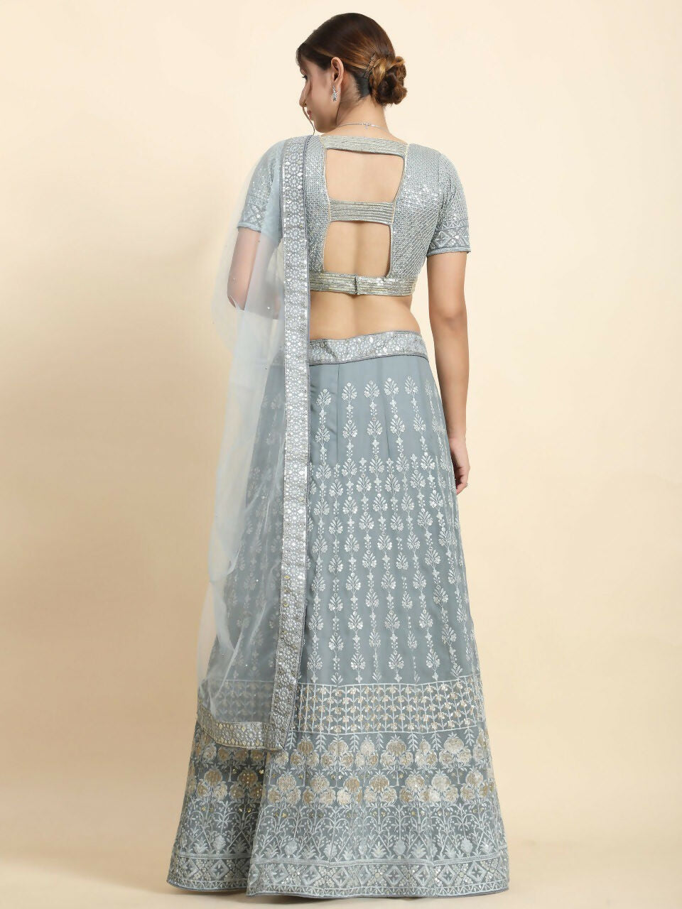 Jyoti Fashion Mesmerizing Grey Faux Georgette 3MM Sequins with Thread & Jari Embroidery Lehenga Choli with Dupatta | Swadesiicart