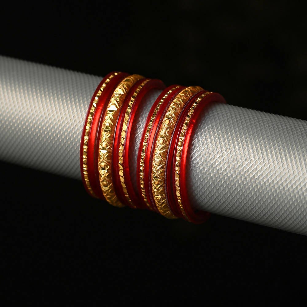 Afast Designer Fancy Party Bangle/ Kada Set, Red And Gold, Sheep, Pack Of 6 - Swadesiicart