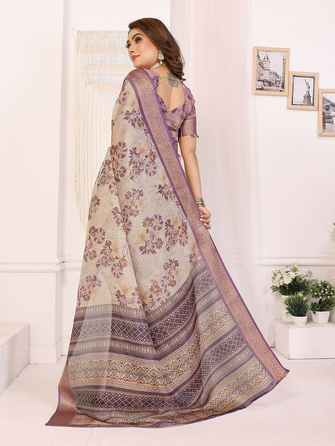 Joban Fashion Lavender Floral Print pattern Banarasi Silk Sarees | Swadesiicart