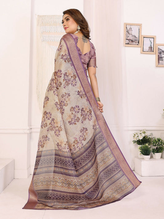 Joban Fashion Lavender Floral Print pattern Banarasi Silk Sarees | Swadesiicart