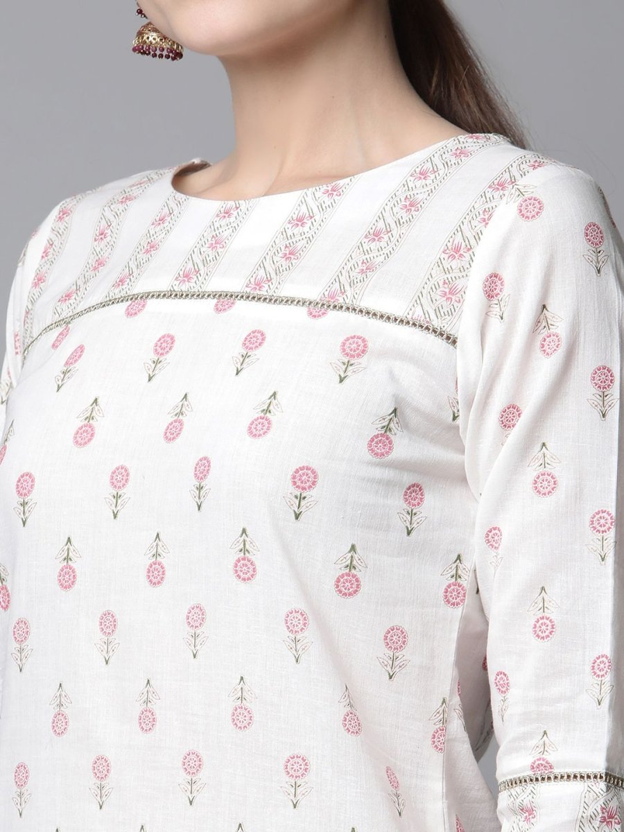Ahalyaa Women White Pure Cotton Printed Kurta Pant Set | Swadesiicart