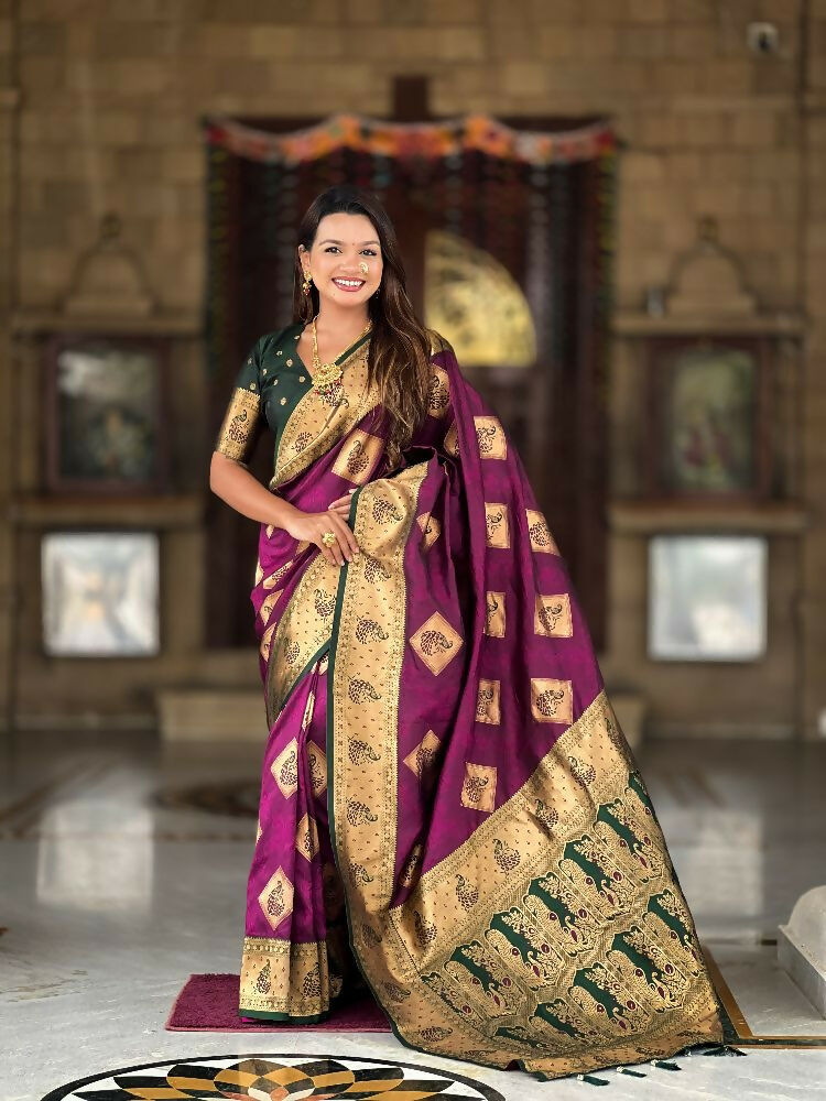 PR Fashion Wine Soft Banarasi Silk With Zari Weaving Meenakari Design Saree | Swadesiicart