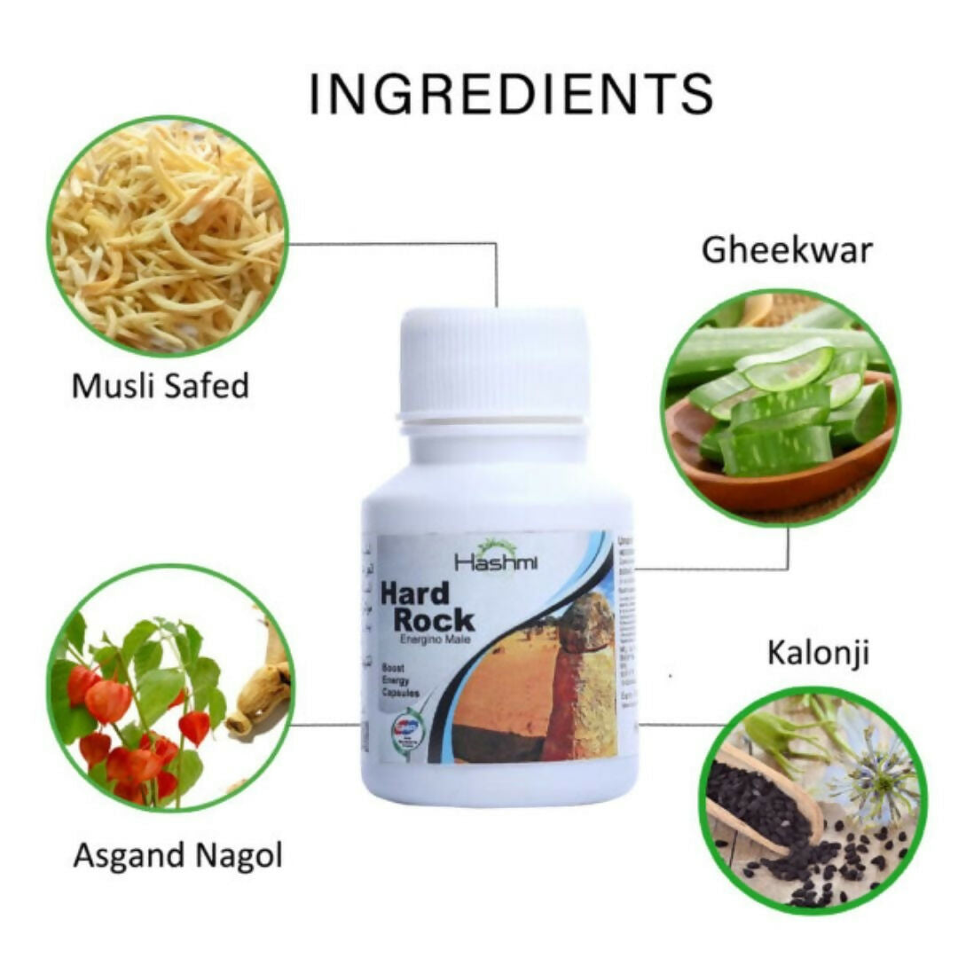 Hashmi Pharmacy Hard Rock Capsules are formulated with natural ingredients like Ashwagandha, Safed Musli, Gokshur, Gheekwar, and more. | Swadesiicart